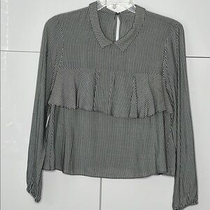 BCBGeneration Striped Black and White Women's Long Sleeve Ruffle Top
